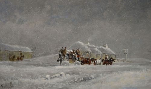 COACHING OIL PAINTING OF A STAGECOACH CAUGHT IN A SNOWSTORM BY JOHN CHARLES MAGGS - ADDITIONAL PHOTO 1
