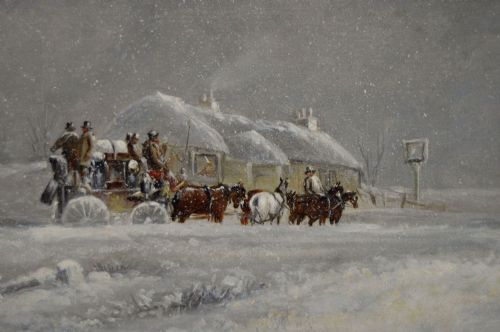 COACHING OIL PAINTING OF A STAGECOACH CAUGHT IN A SNOWSTORM BY JOHN CHARLES MAGGS - ADDITIONAL PHOTO 2