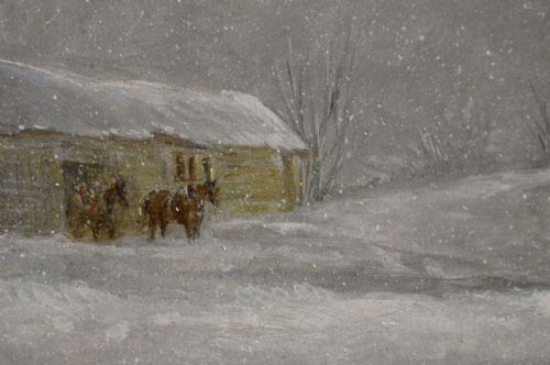 COACHING OIL PAINTING OF A STAGECOACH CAUGHT IN A SNOWSTORM BY JOHN CHARLES MAGGS - ADDITIONAL PHOTO 4