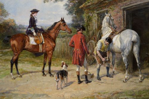 GENRE HISTORICAL OIL PAINTING OF A LADY AND GENTLEMAN AT A BLACKSMITHS BY HEYWOOD HARDY - ADDITIONAL PHOTO 2