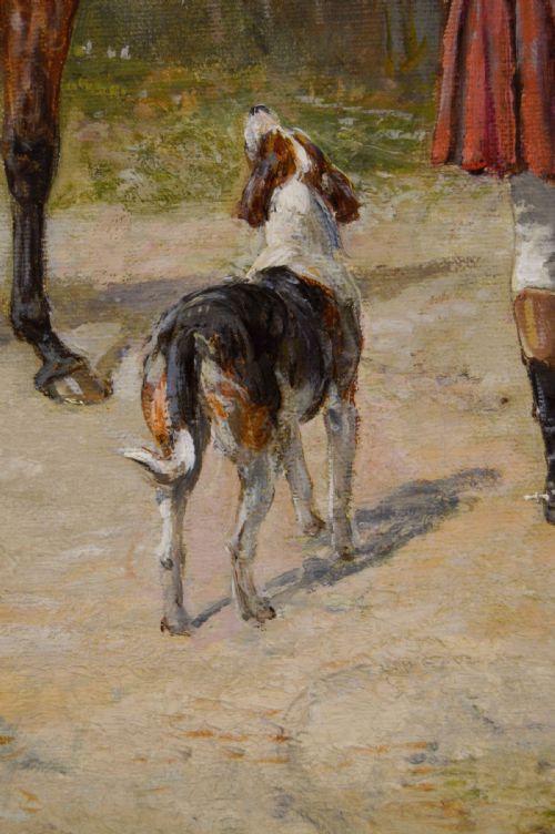 GENRE HISTORICAL OIL PAINTING OF A LADY AND GENTLEMAN AT A BLACKSMITHS BY HEYWOOD HARDY - ADDITIONAL PHOTO 4