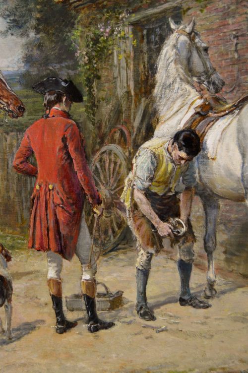 GENRE HISTORICAL OIL PAINTING OF A LADY AND GENTLEMAN AT A BLACKSMITHS BY HEYWOOD HARDY - ADDITIONAL PHOTO 5