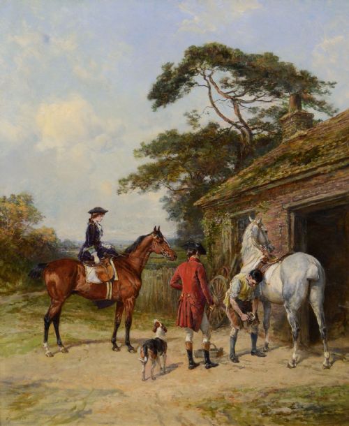 GENRE HISTORICAL OIL PAINTING OF A LADY AND GENTLEMAN AT A BLACKSMITHS BY HEYWOOD HARDY - ADDITIONAL PHOTO 1