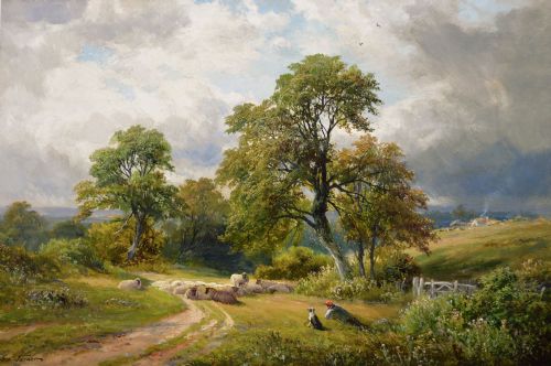 LANDSCAPE OIL PAINTING OF A SHEPHERD FLOCK IN A COUNTRY LANE BY GEORGE TURNER - ADDITIONAL PHOTO 1