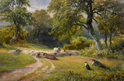 LANDSCAPE OIL PAINTING OF A SHEPHERD FLOCK IN A COUNTRY LANE BY GEORGE TURNER - ADDITIONAL PHOTO 2