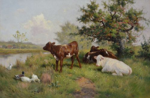 ANIMAL OIL PAINTING OF CALVES DUCKS AT A RIVER BY CLAUDE CARDON - ADDITIONAL PHOTO 1