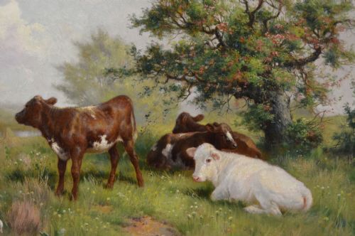 ANIMAL OIL PAINTING OF CALVES DUCKS AT A RIVER BY CLAUDE CARDON - ADDITIONAL PHOTO 2