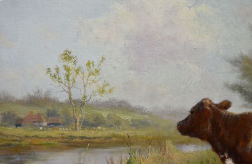 ANIMAL OIL PAINTING OF CALVES DUCKS AT A RIVER BY CLAUDE CARDON - ADDITIONAL PHOTO 5
