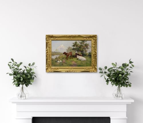 ANIMAL OIL PAINTING OF CALVES DUCKS AT A RIVER BY CLAUDE CARDON - ADDITIONAL PHOTO 8