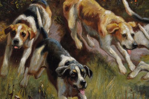 SPORTING OIL PAINTING OF HUNTING DOGS GOING OVER A HEDGE BY ALFRED DUKE - ADDITIONAL PHOTO 2