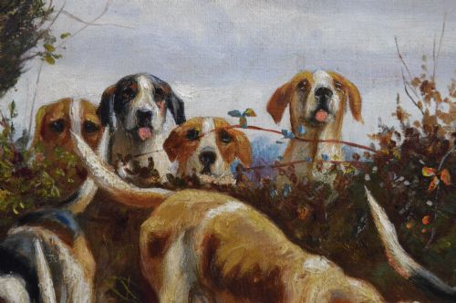 SPORTING OIL PAINTING OF HUNTING DOGS GOING OVER A HEDGE BY ALFRED DUKE - ADDITIONAL PHOTO 4