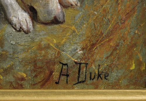 SPORTING OIL PAINTING OF HUNTING DOGS GOING OVER A HEDGE BY ALFRED DUKE - ADDITIONAL PHOTO 5