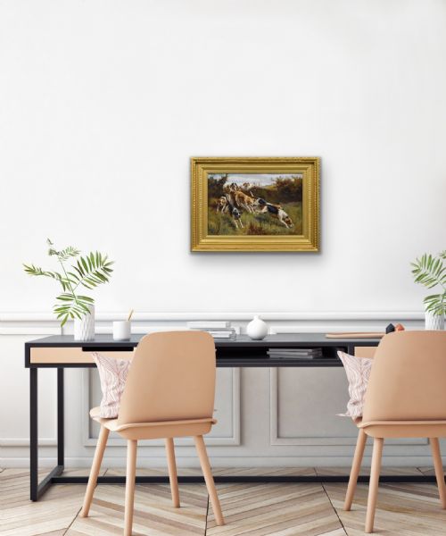 SPORTING OIL PAINTING OF HUNTING DOGS GOING OVER A HEDGE BY ALFRED DUKE - ADDITIONAL PHOTO 6