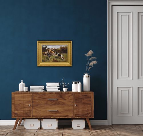 SPORTING OIL PAINTING OF HUNTING DOGS GOING OVER A HEDGE BY ALFRED DUKE - ADDITIONAL PHOTO 7