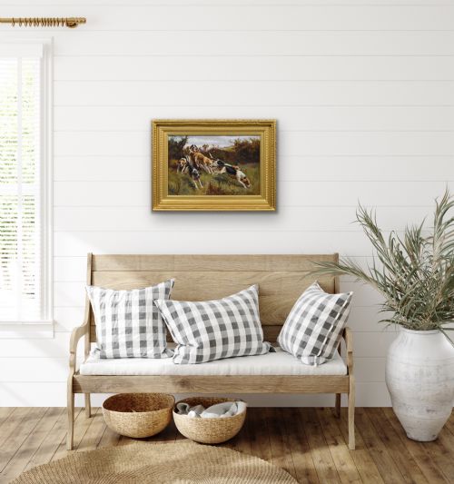 SPORTING OIL PAINTING OF HUNTING DOGS GOING OVER A HEDGE BY ALFRED DUKE - ADDITIONAL PHOTO 8