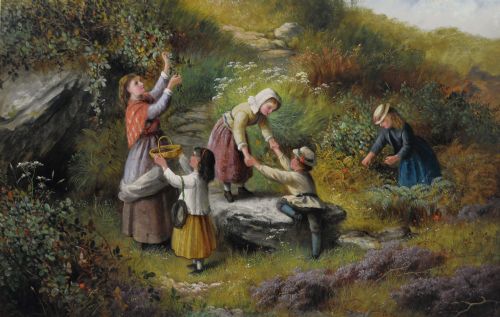 fig 1. A nineteenth-century oil painting depicting a woman and four young children gathering berries in a grassy landscape, housed in a heavily moulded gold frame.