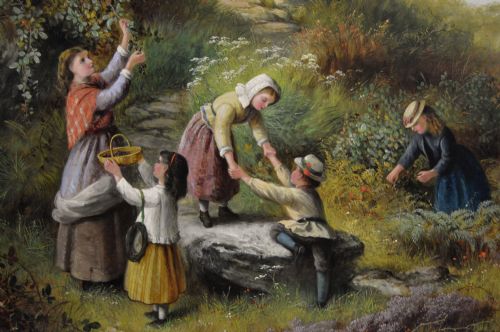 fig 2. A nineteenth-century oil painting depicting a woman and four young children gathering berries in a grassy landscape, housed in a heavily moulded gold frame.