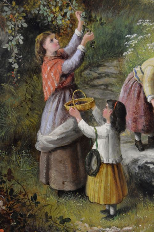 fig 3. A nineteenth-century oil painting depicting a woman and four young children gathering berries in a grassy landscape, housed in a heavily moulded gold frame.