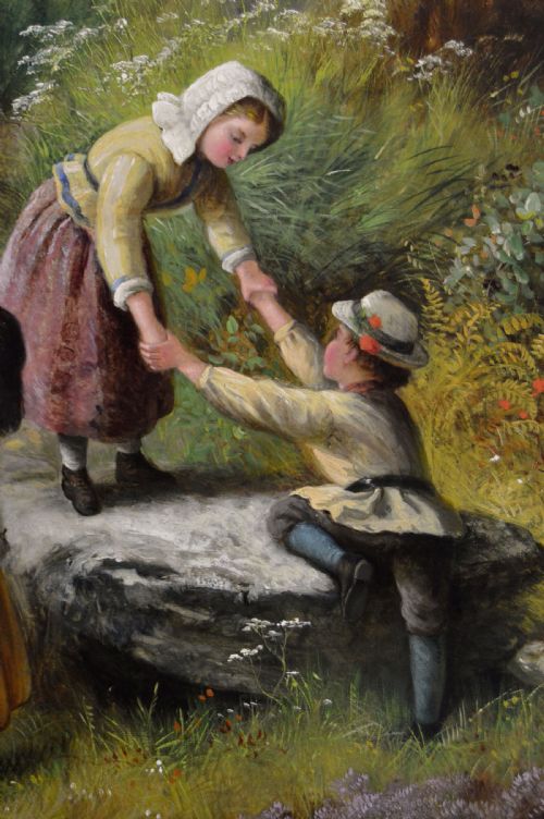 fig 4. A nineteenth-century oil painting depicting a woman and four young children gathering berries in a grassy landscape, housed in a heavily moulded gold frame.