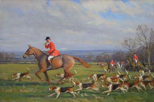 fig 1. An equestrian oil painting in an ornate gold frame depicting a huntsman in a red coat riding a brown horse alongside a pack of hounds in an open countryside landscape.