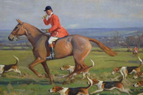 fig 2. An equestrian oil painting in an ornate gold frame depicting a huntsman in a red coat riding a brown horse alongside a pack of hounds in an open countryside landscape.