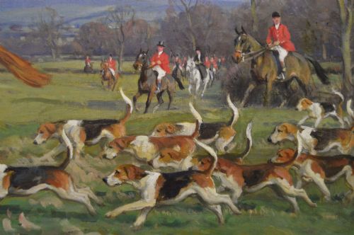 fig 3. An equestrian oil painting in an ornate gold frame depicting a huntsman in a red coat riding a brown horse alongside a pack of hounds in an open countryside landscape.