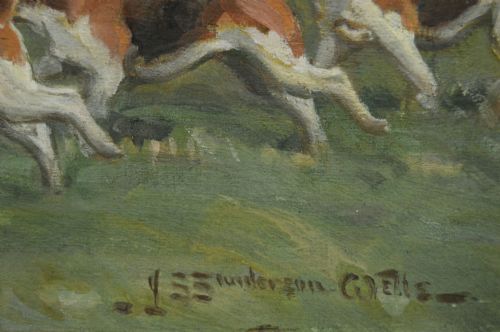 fig 4. An equestrian oil painting in an ornate gold frame depicting a huntsman in a red coat riding a brown horse alongside a pack of hounds in an open countryside landscape.