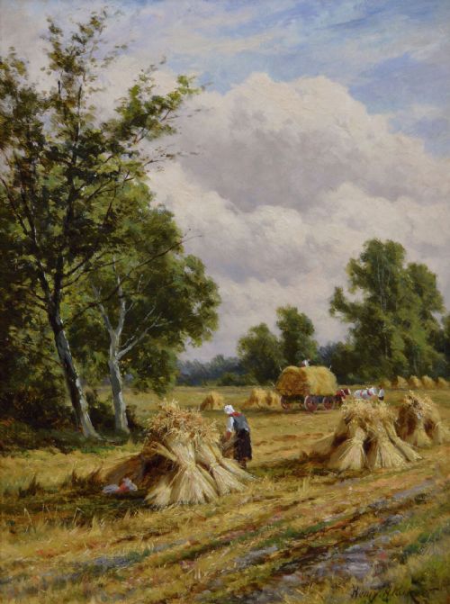 LANDSCAPE OIL PAINTING OF FIGURES HARVESTING NEAR HASTINGS BY HENRY H PARKER - ADDITIONAL PHOTO 1