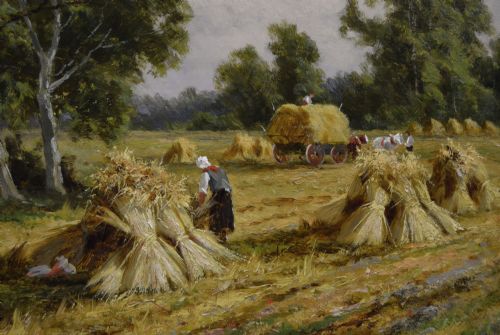 LANDSCAPE OIL PAINTING OF FIGURES HARVESTING NEAR HASTINGS BY HENRY H PARKER - ADDITIONAL PHOTO 2