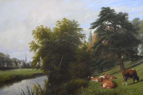 LANDSCAPE OIL PAINTING OF CATTLE NEXT TO THE RIVER LEAM BY THOMAS BAKER OF LEAMINGTON - ADDITIONAL PHOTO 1