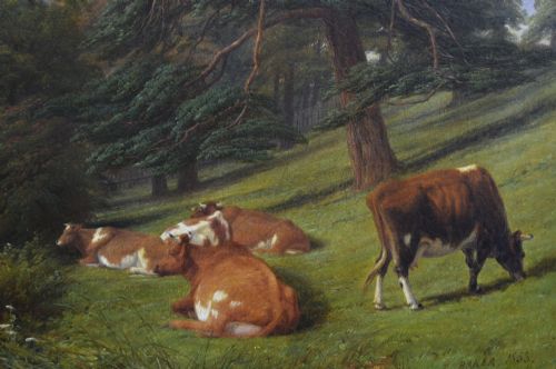 LANDSCAPE OIL PAINTING OF CATTLE NEXT TO THE RIVER LEAM BY THOMAS BAKER OF LEAMINGTON - ADDITIONAL PHOTO 2