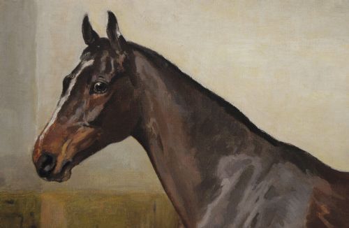 fig 3. An oil painting depicting a bay hunter standing in profile inside a straw-covered stable, set within an ornate carved gilt frame.