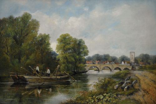 RIVER LANDSCAPE OIL PAINTING OF FIGURES ON A BOAT NEAR AYLESFORD BRIDGE BY FREDERICK WATERS WATTS - ADDITIONAL PHOTO 1