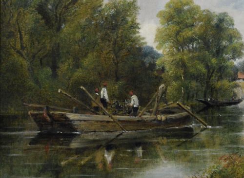 RIVER LANDSCAPE OIL PAINTING OF FIGURES ON A BOAT NEAR AYLESFORD BRIDGE BY FREDERICK WATERS WATTS - ADDITIONAL PHOTO 2