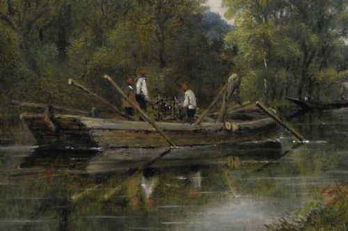 RIVER LANDSCAPE OIL PAINTING OF FIGURES ON A BOAT NEAR AYLESFORD BRIDGE BY FREDERICK WATERS WATTS - ADDITIONAL PHOTO 3