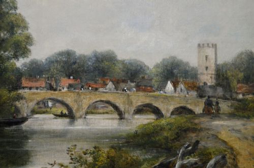RIVER LANDSCAPE OIL PAINTING OF FIGURES ON A BOAT NEAR AYLESFORD BRIDGE BY FREDERICK WATERS WATTS - ADDITIONAL PHOTO 4