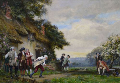 HISTORICAL GENRE OIL PAINTING OF GENTLEMEN PLAYING BOWLS BY FRANK MOSS BENNETT - ADDITIONAL PHOTO 1