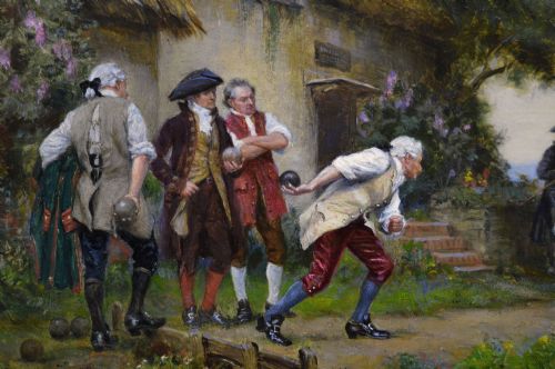 HISTORICAL GENRE OIL PAINTING OF GENTLEMEN PLAYING BOWLS BY FRANK MOSS BENNETT - ADDITIONAL PHOTO 2
