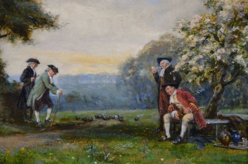 HISTORICAL GENRE OIL PAINTING OF GENTLEMEN PLAYING BOWLS BY FRANK MOSS BENNETT - ADDITIONAL PHOTO 3