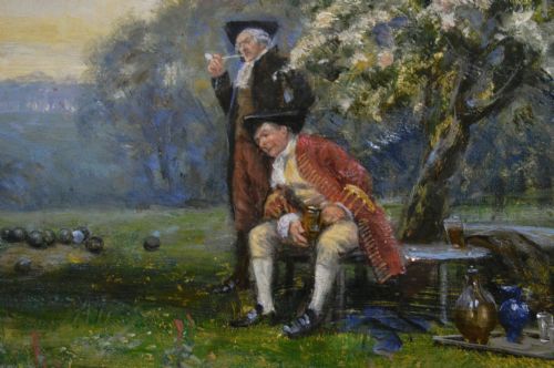 HISTORICAL GENRE OIL PAINTING OF GENTLEMEN PLAYING BOWLS BY FRANK MOSS BENNETT - ADDITIONAL PHOTO 4