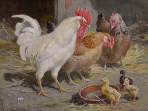 ANIMAL OIL PAINTING OF HENS COCKEREL CHICKS BY CLAUDE CARDON - ADDITIONAL PHOTO 1