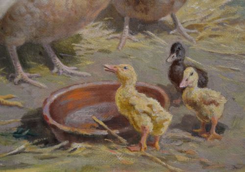 ANIMAL OIL PAINTING OF HENS COCKEREL CHICKS BY CLAUDE CARDON - ADDITIONAL PHOTO 2