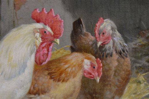 ANIMAL OIL PAINTING OF HENS COCKEREL CHICKS BY CLAUDE CARDON - ADDITIONAL PHOTO 3