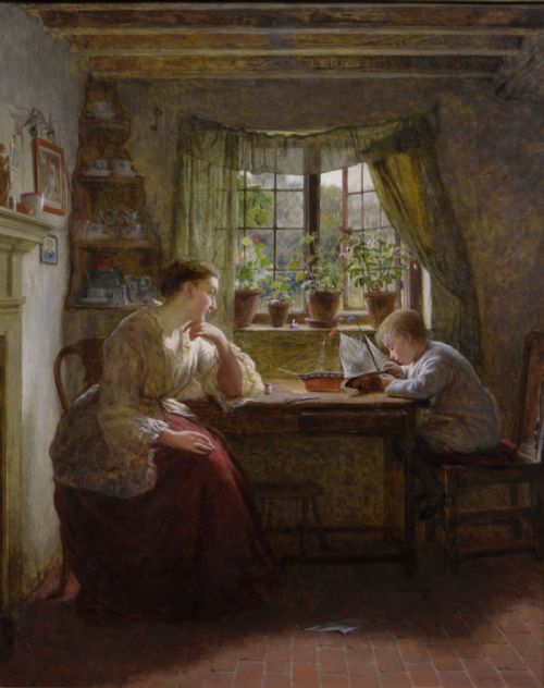 fig 1. A framed 19th-century oil painting depicting a mother seated at a wooden table watching her young son play with a toy boat inside a sunlit cottage interior.