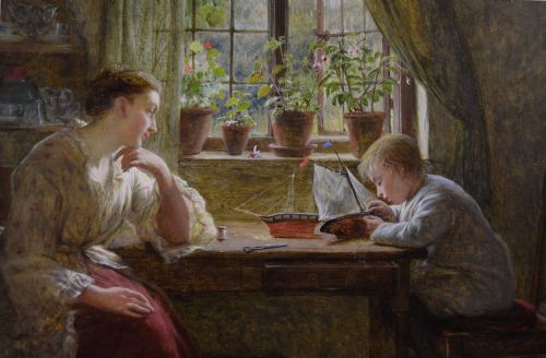 fig 2. A framed 19th-century oil painting depicting a mother seated at a wooden table watching her young son play with a toy boat inside a sunlit cottage interior.