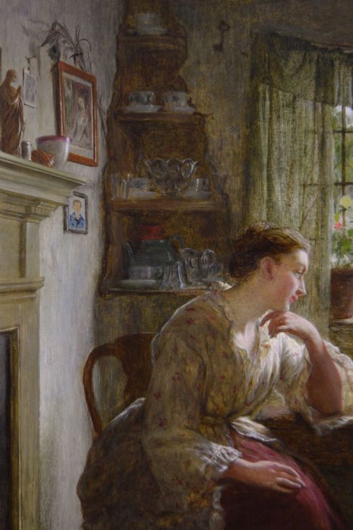 fig 3. A framed 19th-century oil painting depicting a mother seated at a wooden table watching her young son play with a toy boat inside a sunlit cottage interior.