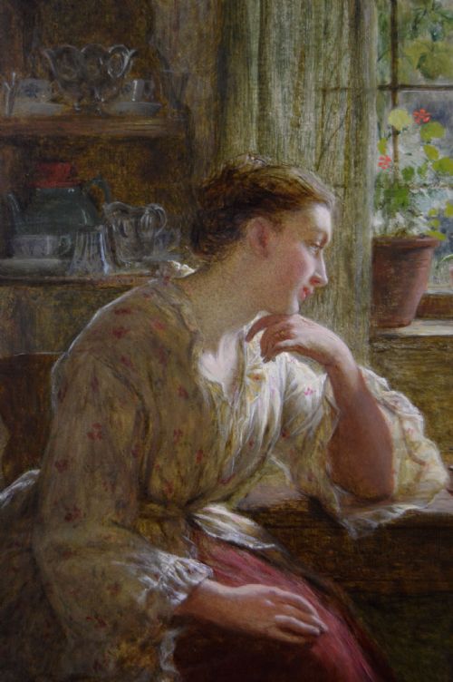 fig 4. A framed 19th-century oil painting depicting a mother seated at a wooden table watching her young son play with a toy boat inside a sunlit cottage interior.