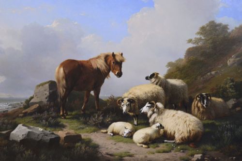 LANDSCAPE OIL PAINTING OF A PONY WITH SHEEP NEAR A COAST BY EUGENE JOSEPH VERBOECKHOVEN - ADDITIONAL PHOTO 1