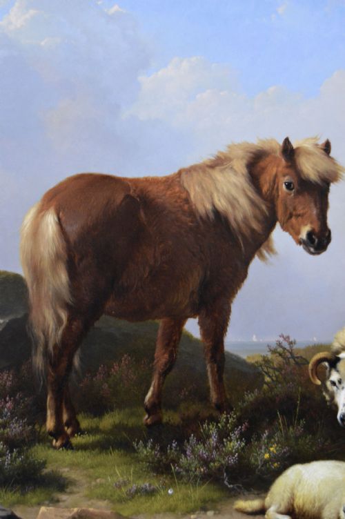 LANDSCAPE OIL PAINTING OF A PONY WITH SHEEP NEAR A COAST BY EUGENE JOSEPH VERBOECKHOVEN - ADDITIONAL PHOTO 2