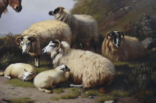 LANDSCAPE OIL PAINTING OF A PONY WITH SHEEP NEAR A COAST BY EUGENE JOSEPH VERBOECKHOVEN - ADDITIONAL PHOTO 4